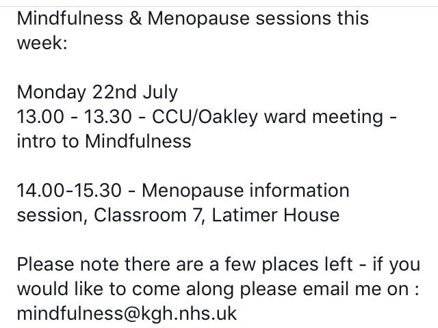 Rainbow_wings7's tweet photo. Here’s what’s happening 2moro - #Mindfulness & #Menopause sessions. Over 20 staff are booked in but there are still a few places available - pls email me to book your place #mindfulNHS #Time2TalkMenopause #MenoMoment #PowerSurge #2ndSpring #HealthandWellbeing #TeamKGH https://t.co/GLiNgrui9y