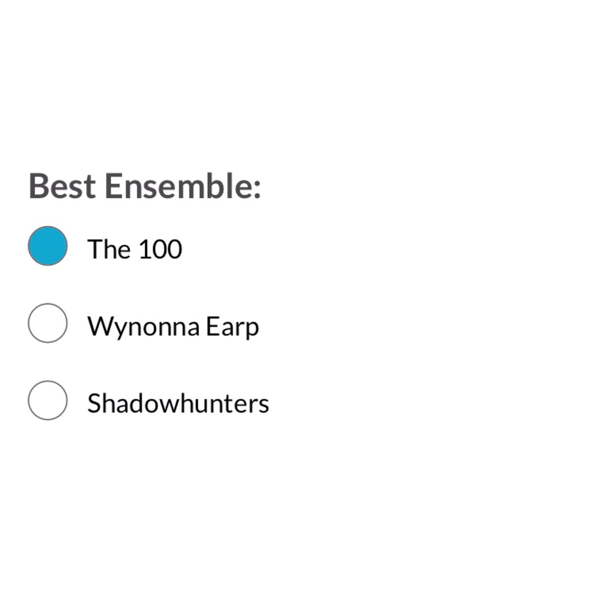 The100S7's tweet photo. #TVScoopAwards: Acting Categories — #The100 is up for ‘Best Ensemble’, Marie, Eliza &amp; Bob are up for ‘Best Performance’, and Lola is up for ‘Best Breakout Star’. Be sure to vote: https://t.co/StgkAzErun https://t.co/yLV9mIcGOd