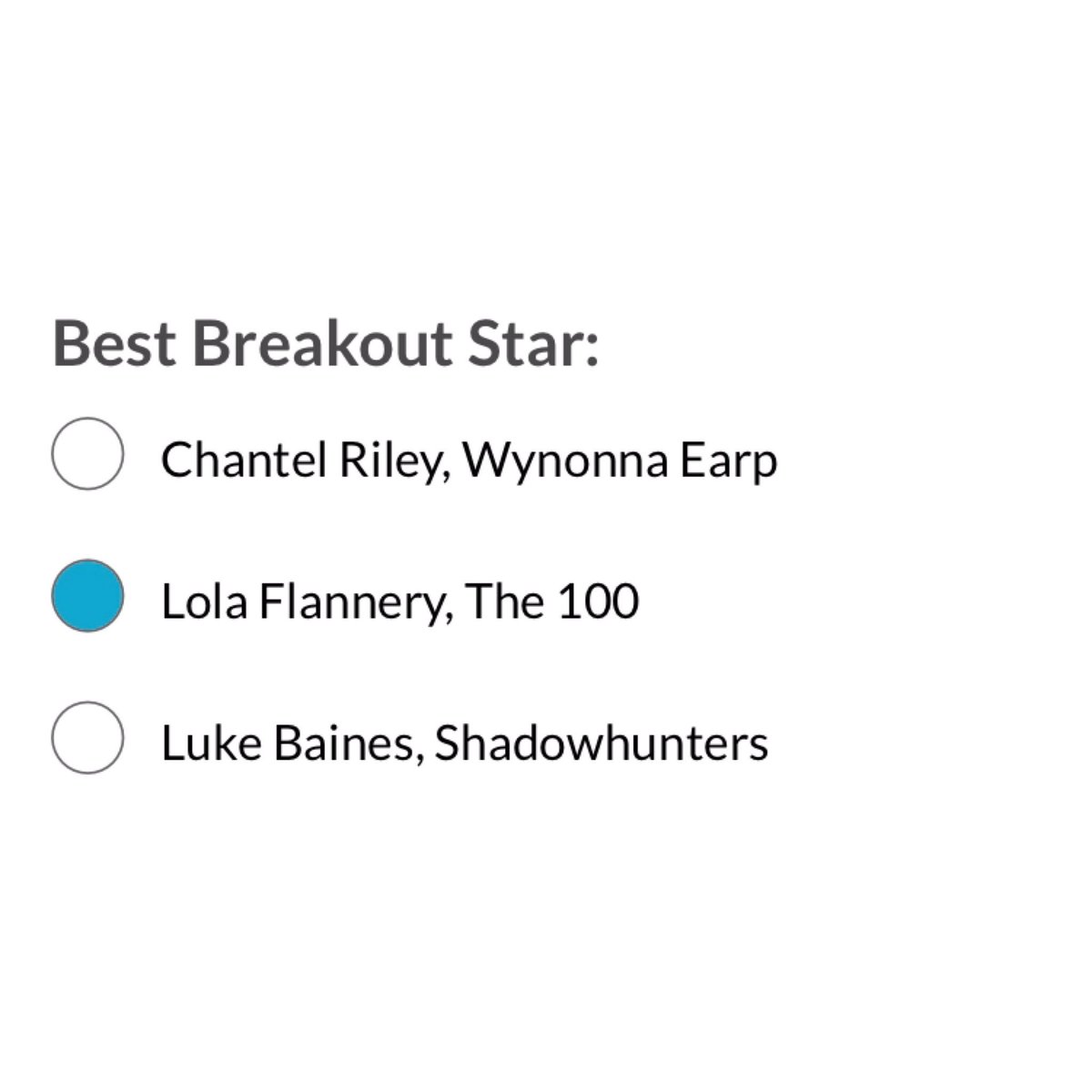 The100S7's tweet photo. #TVScoopAwards: Acting Categories — #The100 is up for ‘Best Ensemble’, Marie, Eliza &amp; Bob are up for ‘Best Performance’, and Lola is up for ‘Best Breakout Star’. Be sure to vote: https://t.co/StgkAzErun https://t.co/yLV9mIcGOd