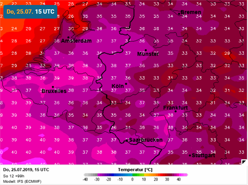 SamuelHelsen's tweet photo. Historische weerkaarten toch hoor! Alle weermodellen komen voor donderdag met extreme temperaturen. Links GFS (Amerikaans model, Wetter3de) met 40 graden, rechts ECMWF (Europees model, WetterOnline) ook met 39 graden, heter dan de vorige run nog. Gaan we geschiedenis schrijven? https://t.co/gSoa024CEU