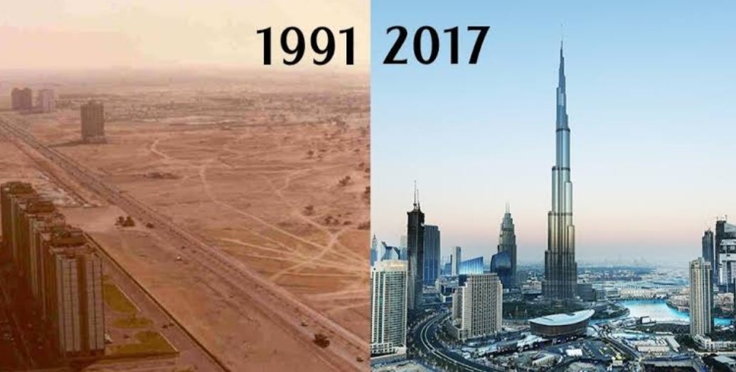 GeorgeUwaifo's tweet photo. What a sharp contrast!  Dubai of 1991 to the Dubai as recently as 2017. They discovered oil in 1966 and started exporting in 1969. 
Nigeria discovered oil a lot earlier and yet we are far behind in development.  What happened to us? 
#nigeria
#LetsBuildOurHome

@Gidi_Traffic https://t.co/p6XFhgrrJp