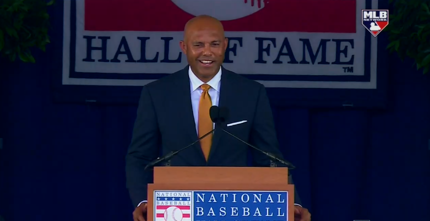 MLBNetwork's tweet photo. @Yankees @MarianoRivera Forever enshrined. The first-ever unanimous selection gives his speech now!

RETWEET for your chance at a baseball signed by the legendary closer! Rules in bio. https://t.co/wnHLxVAOe6