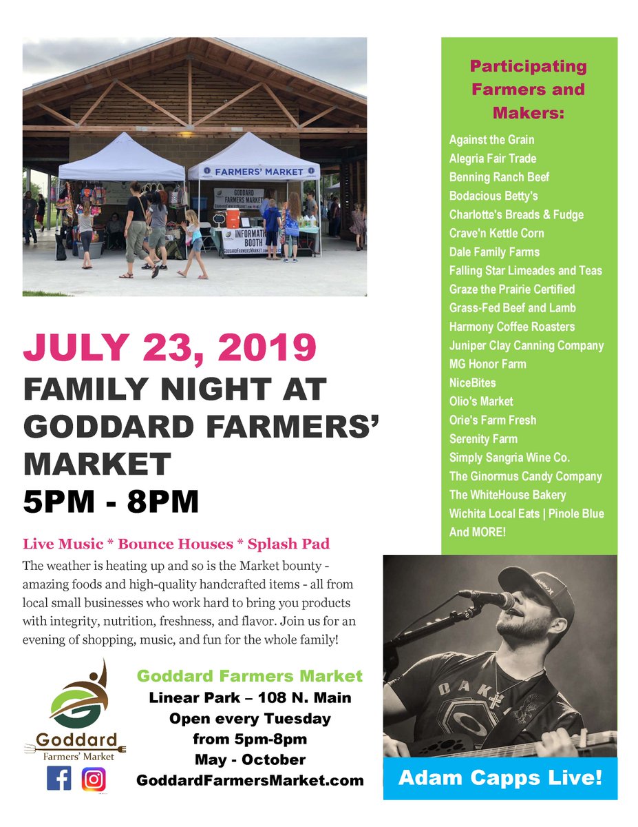 Hi Neighbors! Make sure to come out to the Goddard Farmers' Market this Tuesday at 5:00 PM for Family Night! #GrowGoddard

RSVP on Facebook at:

facebook.com/events/2349881…