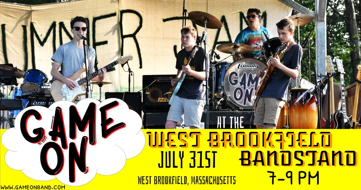 gameonband's tweet photo. Game On is out in West Brookfield July 31st at the West Brookfield Bandstand for a 2 hour long concert filled with Classic Rock, Blues, and some new songs from their EP which will be released on July 31st! THIS CONCERT IS OPEN TO THE PUBLIC! 
https://t.co/Lk9gj7p9eH https://t.co/La8xznV4oN