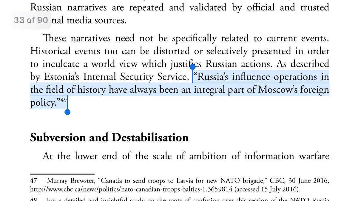 13/ SUBVERSION AND DESTABILIZATION: “Trusted media sources” spread propaganda—wittingly or unwittingly—validating Russian narratives.History is revised and propagandized as part of foreign policy, an undermining of truth and democratic principles, while IW victim-nations assist