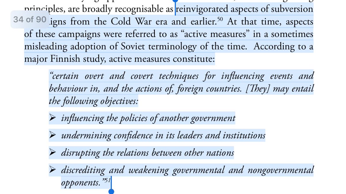 14/ ACTIVE MEASURES: * Influencing policies of another govt* Undermiming confidence in its leaders and institutions* Disrupting relations between other nations* Discrediting and weakening governmental and nongovernmental opponents Sound familiar.