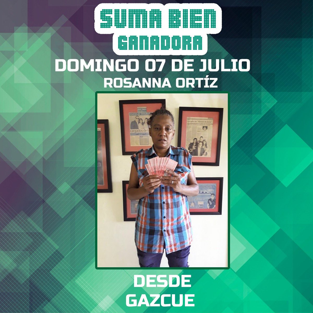 BienDBien's tweet photo. Felicidades a Rosanna Ortiz ganadora en el #SumaBien el pasado domingo 07 de julio por su fiel sintonía desde Gascue. https://t.co/S4puhGfjW2