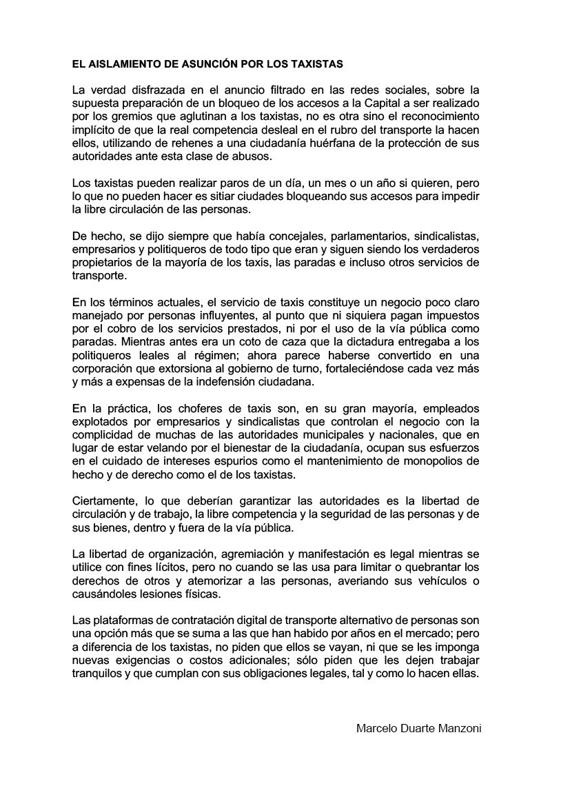 FelipeGoroso's tweet photo. Posicionamiento del asesor jurídico de @app_muv sobre el bloqueo a la ciudad de Asunción anunciado por los líderes del gremio taxista para el martes. @Radio970AM @SomosGEN @LaNacionPy https://t.co/8vKjqaIpyb