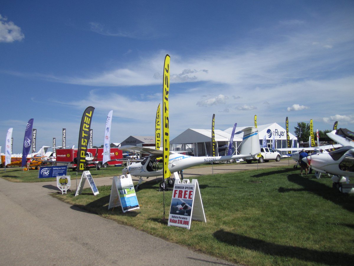 Pipistrel_USA's tweet photo. After a crazy week of storms, flooding and gale force winds, we finally finished setting up for EAA AirVenture - Oshkosh
 #osh19
#osh19cool
#AirVenture
#eaa
#aviation
#avgeek
#aeronews
#50inOSH
#pipistrel
#alphaelectro
#electricaircraft
#aircraft
#airventure2019
#eaaoshkosh https://t.co/DruJ0jyeUp