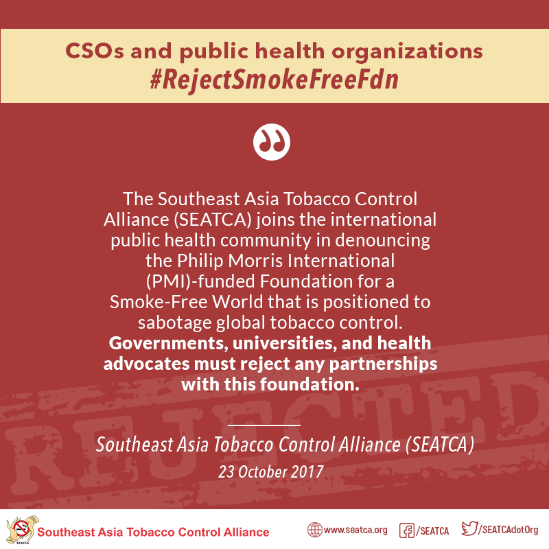 SEATCAdotOrg's tweet photo. CSOs and the international public health organizations #RejectSmokeFreeFdn

Full Statement: https://t.co/V2Ui46kBBn

#FakeSmokeFreeIndex
#SEATCAsmokefreeIndex 
#DontBeFooled 
#PMIsmokefreeScam https://t.co/we4dgRLB3V