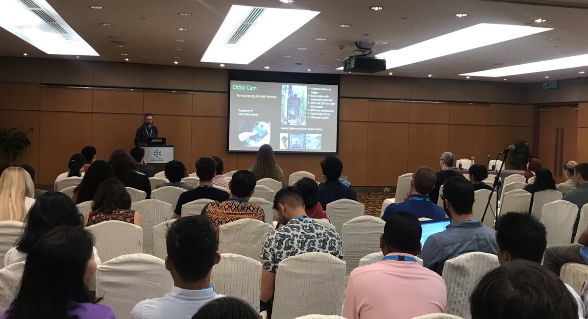 WILDLABSNET's tweet image. Don Driscoll (@DonADriscoll) sharing the citsci camera trap + platform they’ve built for surveying all small animals (not just mammals) to a full room. @Raspberry_Pi powered, cont. video, saves video when motion is detected, ~$950 at this stage. #ICCB2019 #tech4wildlife @Deakin