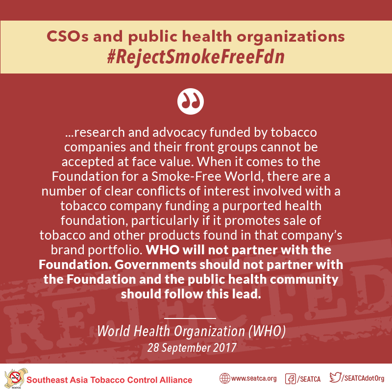 SEATCAdotOrg's tweet photo. @WHO urges governments and the public to #RejectSmokeFreeFdn 

Full statement: https://t.co/74Ahlr1kZT

#FakeSmokeFreeIndex
#SEATCAsmokefreeIndex 
#DontBeFooled 
#PMIsmokefreeScam https://t.co/LI8zlLlKK5