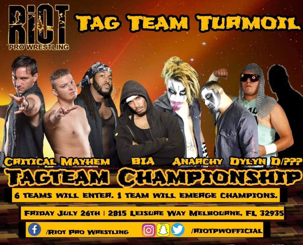RiotpwOfficial's tweet photo. Riot fans! We are excited to announce Tagteam Turmoil.

The first four teams featured are:

1. Critical Mayhem 
2. Anarchy 
3. Brothers in Arms 
4. Dylyn D. &amp; a mystery partner 

Teams #5 &amp; #6 will be announced at the show!

Who will walk out as the new Riot Tag Team Champions? https://t.co/3gAgHWff37