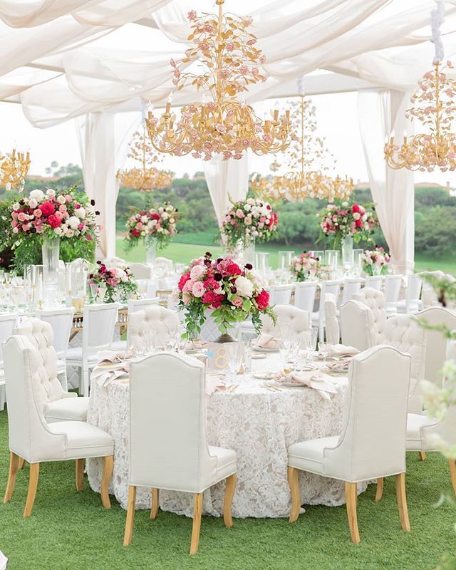 Elegant guest dining under an outdoor draped pergola adorned with our Paris Pink and Gold Chandeliers.

Guest were seated at our Button Tufted Paris Upholstered Chairs.

If you save our picture drop us a note in the comment section and let us know why.... Creative Team:
Plan…
