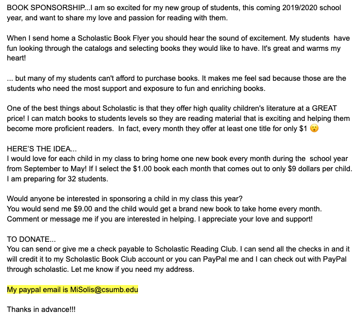 MsSolis's tweet photo. LOVE #READING...Interested in sponsoring a #loyalions #child in my #Room34Rules #classroom this coming school year? You would send me $9 & the child would get a brand new #book to take home every month. More Info below! Comment/message me if interested in helping. #AlisalStrong https://t.co/homBFLfE1n