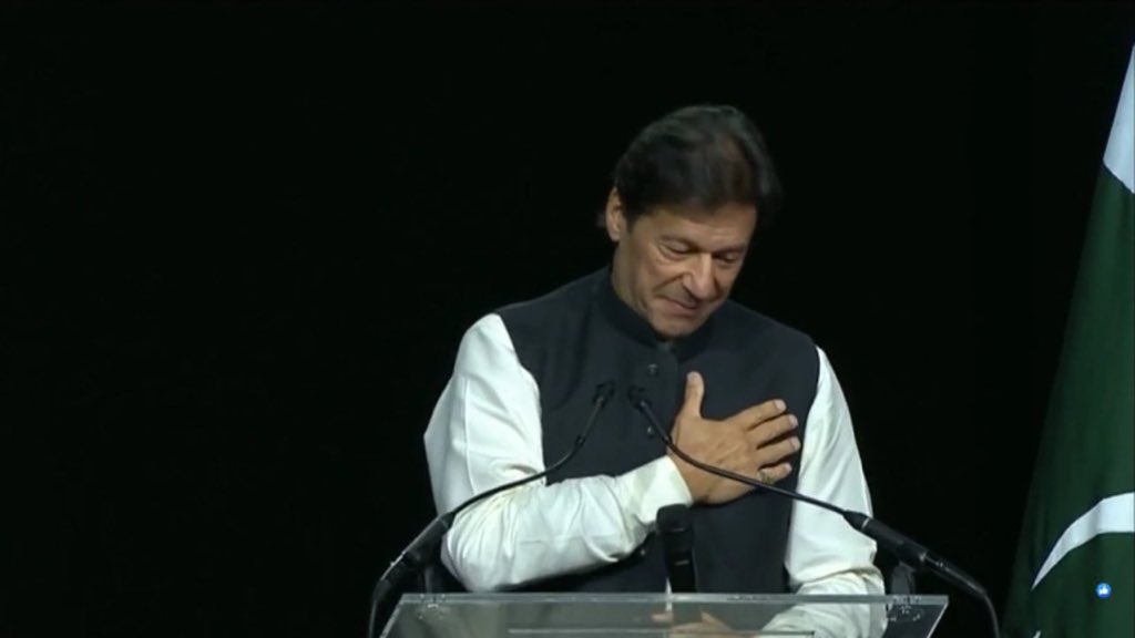 PTIofficial's tweet photo. When Allah blesses us with immense respect &amp; honor that 30,000+ people  come out to welcome our PM even in US. The head bows in gratitude for Allah while the heart is moved by the public’s love!  #PMIKJalsaInUSA https://t.co/W8hixU58G4