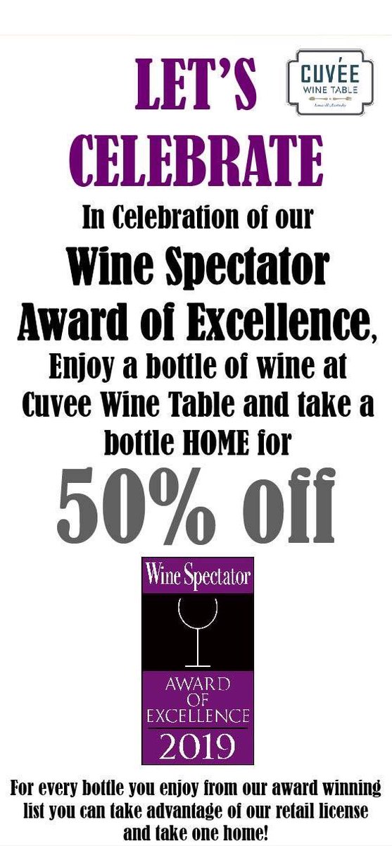 CuveeWineTable's tweet photo. CELEBRATE our WINE SPECTATOR AWARD OF EXCELLENCE!!! #Celebrate #Promo #Wine #Louisville https://t.co/gM6wqi5Xvu