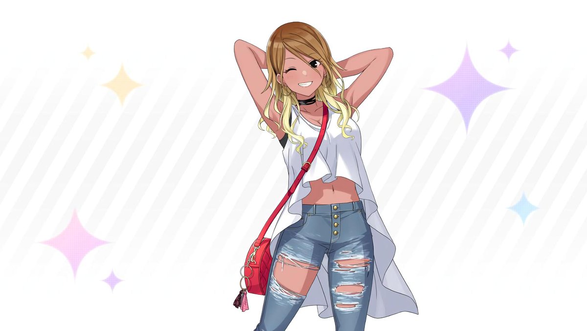 ✧ mei izumi ✧the other friendly gyaru of shiny colors, she wears onee-gyaru style that is influenced through american trends. this can be seen through her leopard print shorts, cropped shirts, and distressed denim. in her uniform pic, you can see that she rolls up her skirt.