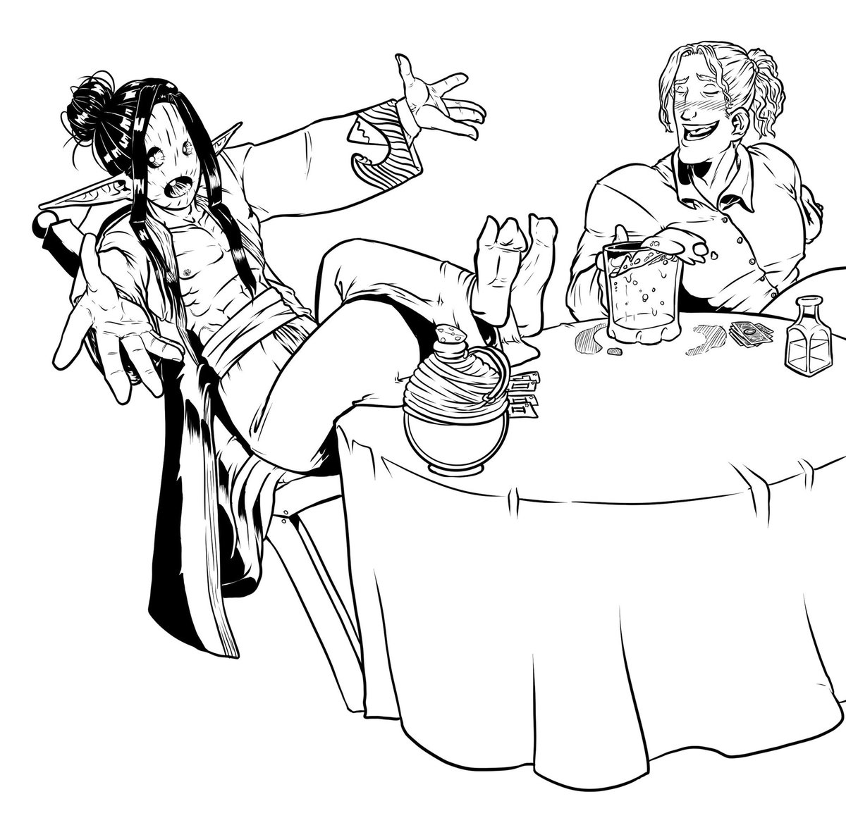 Yuoma's tweet photo. Part of the next page. 
#twelvedragons #caoryn #loiken #sketch #webcomic #procreate #workinprogress #drinking #poker #drunk #swordsmen https://t.co/0W0swrdwYw