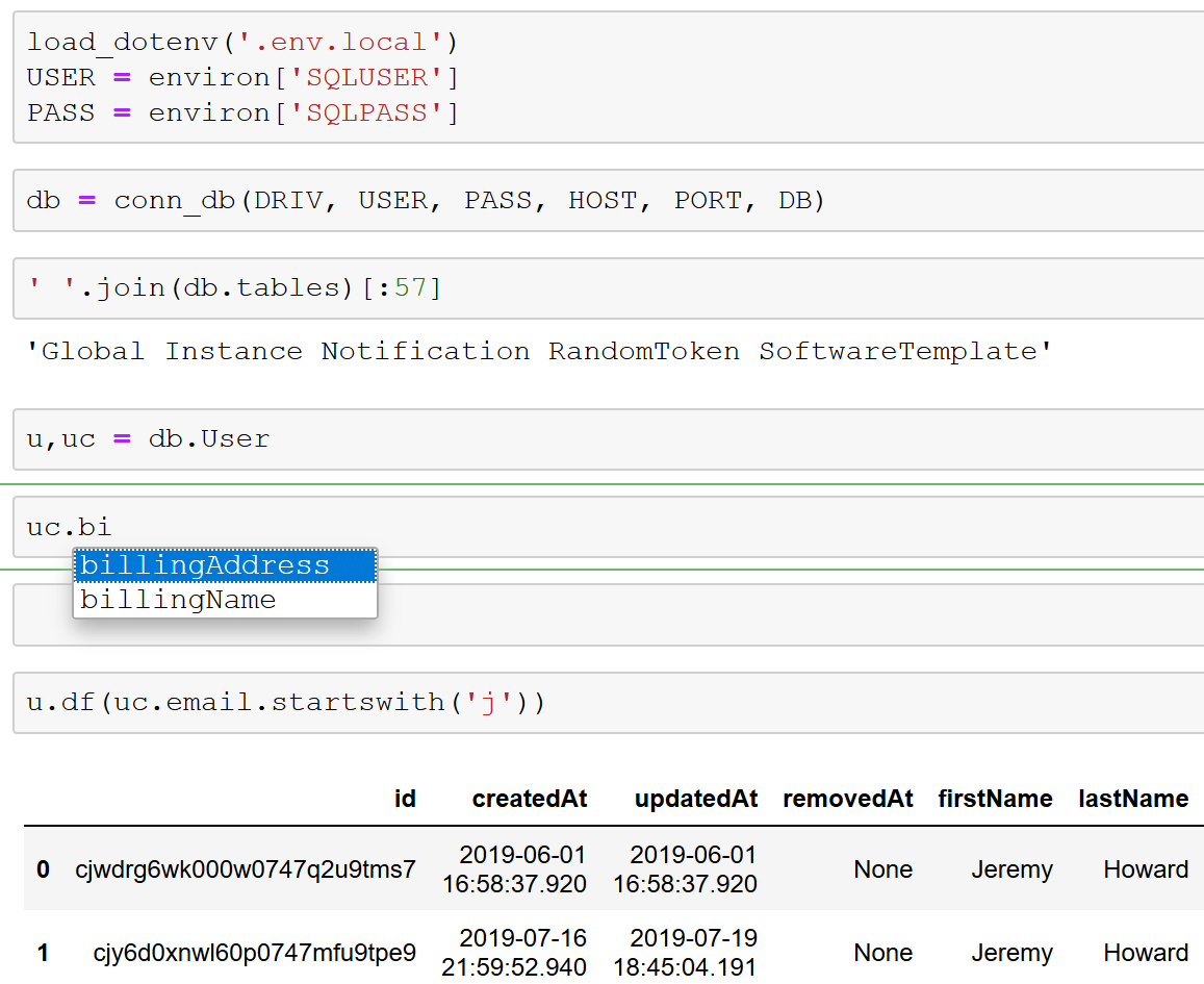 Want tab-completion of (and direct attribute access to) your database tables and fields in Jupyter? OK then, here you go! :)
github.com/jph00/fastsql