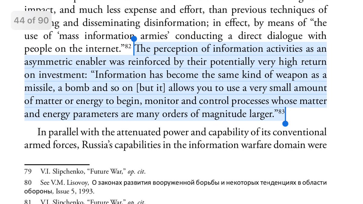 23/ INFO-BOMBS: As the Russians refined their disinformation act after Chechen fails, they amassed information armies to conduct direct dialogue with people of target nations.High ROI: bots don’t require pensions. Spreading a mind virus is cheap and more effective than bombs.