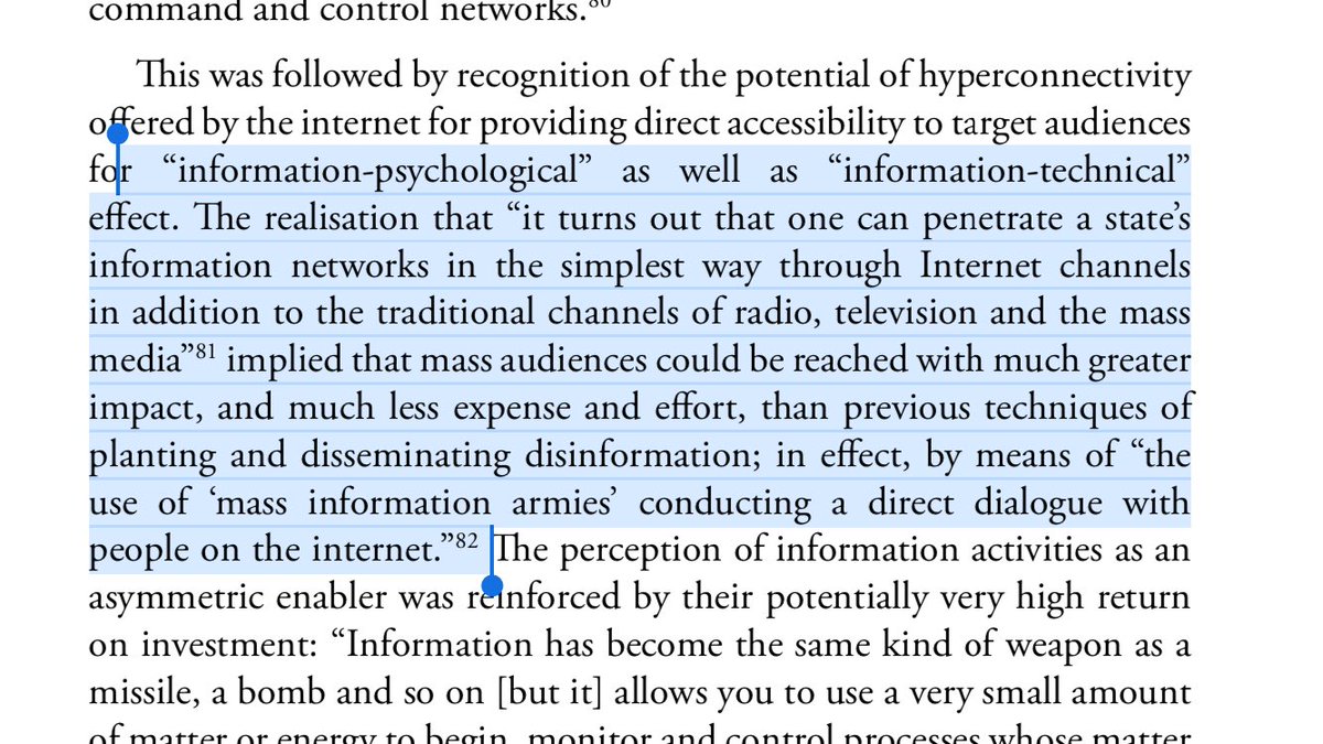 23/ INFO-BOMBS: As the Russians refined their disinformation act after Chechen fails, they amassed information armies to conduct direct dialogue with people of target nations.High ROI: bots don’t require pensions. Spreading a mind virus is cheap and more effective than bombs.