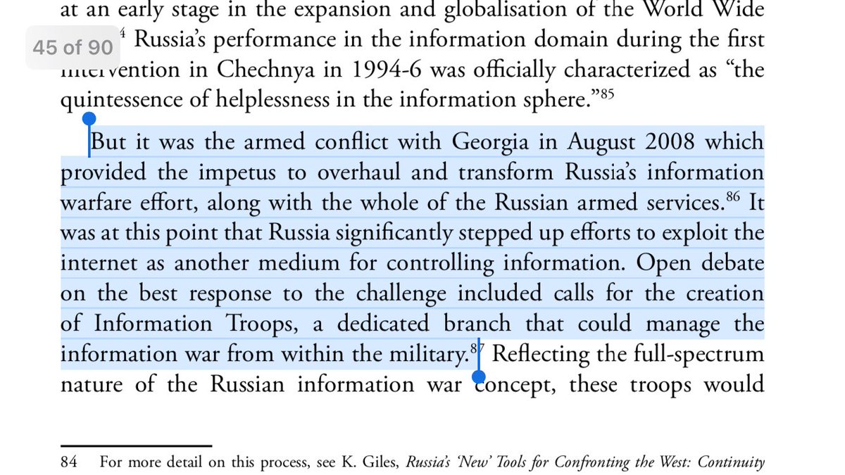 24/ INFORMATION TROOPS: In August 2008, an armed conflict with Georgia transformed Russia’s IW.Information Troops became a dedicated branch of its military: hackers, “journos”, psyop specialists and linguists report directly to GRU.Its IW strategy is well-funded and longterm.