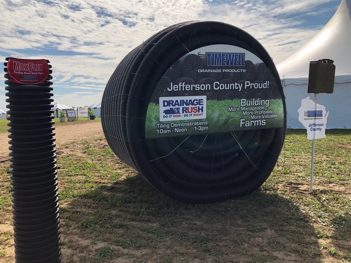 TimewellPipe's tweet photo. A little sneak peak at our space inside Jefferson County Farm Technology Days tent city. Stop by and see us Tuesday to Thursday at Innovation Square! @JeffCoFTD2019 #tile19 #DrainageRush #MaxFlex https://t.co/0vrwryHB15