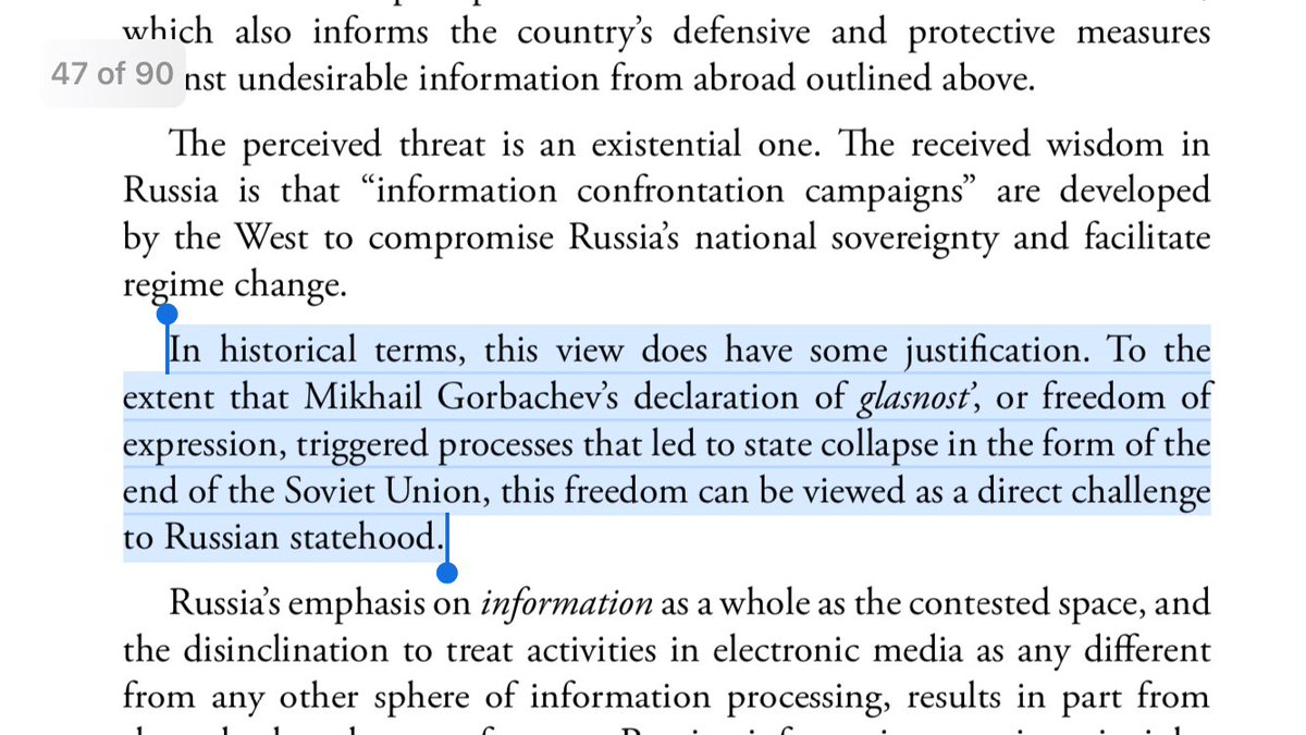 25/ EXISTENTIAL THREAT: Since Glasnost triggered the end of the Soviet Union, freedom of expression is a direct challenge to statehood, bolstering KGB’s silencing argument—internet as feared as the photocopier back in the day, leading to declarations of national security threat.