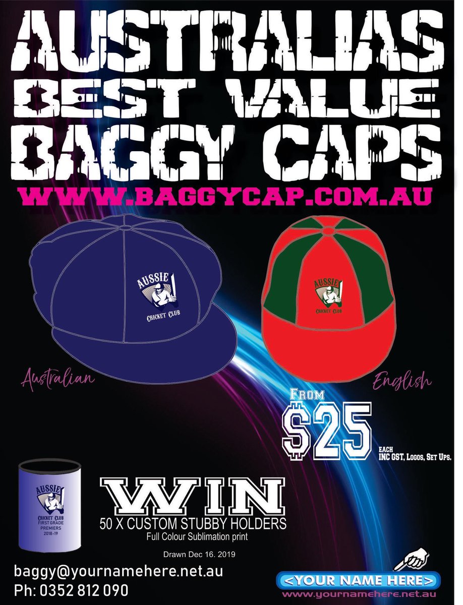 Our Baggy Caps are made from pure wool &amp; feature satin lining with area for player ID. Aussie &amp; English with your embroidered logo from $25 inc gst, embroidery, set ups.
You could score 50 FREE Stubby Holders.
For more info:
baggy@yournamehere.net.au  Ph: 0352 812 090.