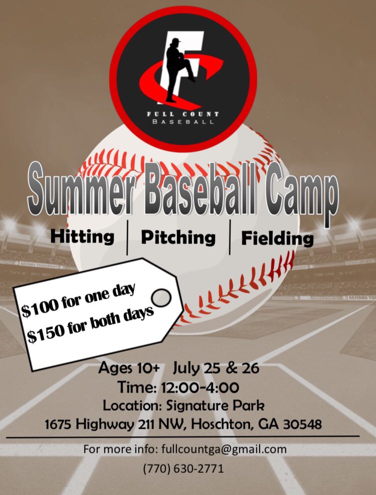 TelfairTrojans's tweet image. North Ga parents: @FullCountGA is hosting a baseball camp July 25-26 for kids ages 10-14. Great baseball guys that really know what they’re doing. More info on the flyer below.