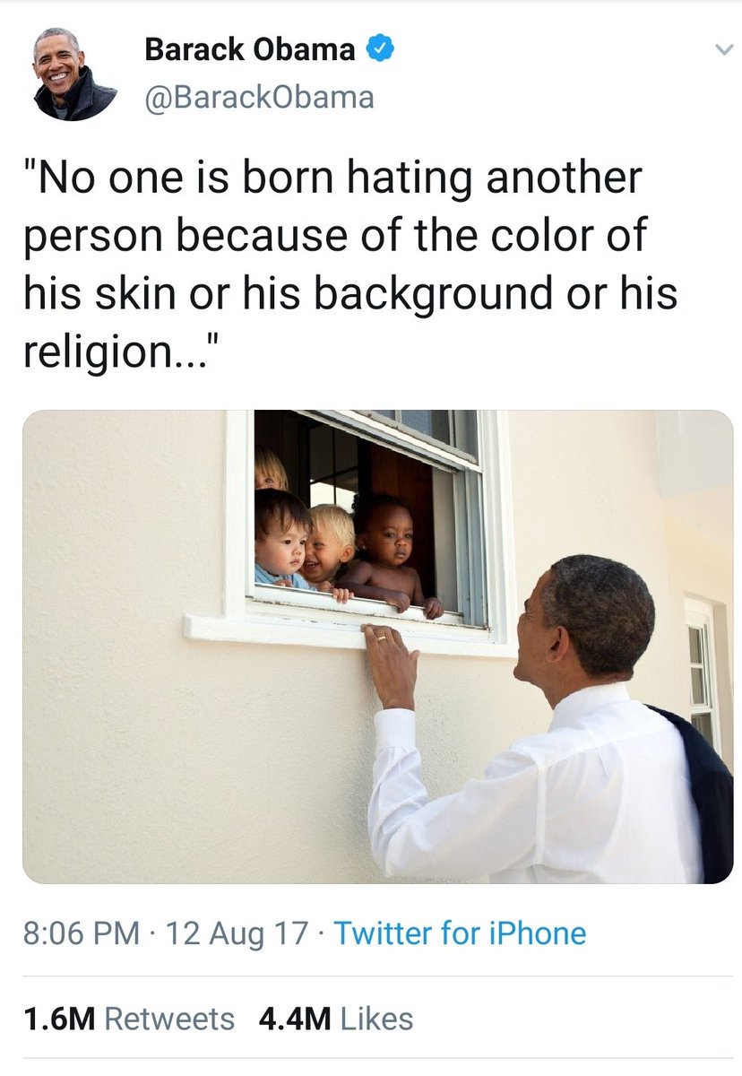 mmpadellan's tweet photo. A tale of two tweets:

President Obama: tweets loving message against racism.
❤️Record-breaking 4.4M likes❤️

Orange Twitler: tweets "America, love it or leave it" message. One of his highest-performing tweets.
🤮334K likes.🤮

Love outperforms hate.
ADVANTAGE: OBAMA. https://t.co/bHbriObIwa