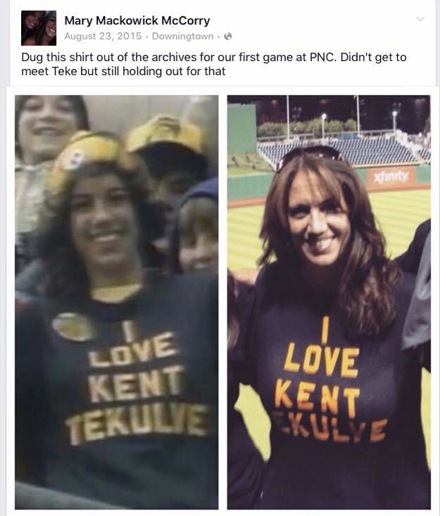 McCorry_Photos's tweet photo. @gbrowniepoints My Mom wore this "I Love Kent Tekuluv." t-shirt to the 1979 World Series Game 7 and got on the highlight reel! She wore it again back in 2015 to a Pirates game. #bucsbooth https://t.co/5ILMXKg2eF