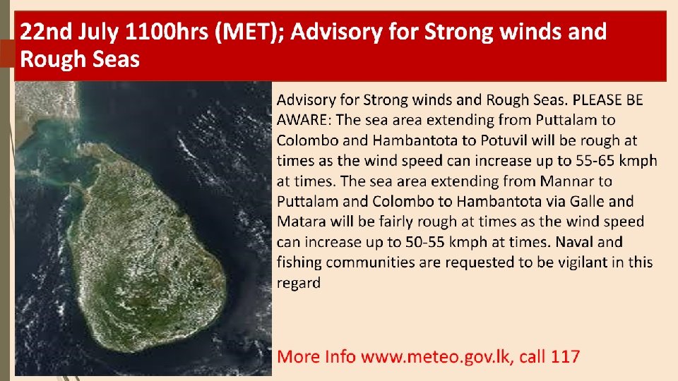 dmc_lk's tweet photo. The sea area extending from #Puttalam to #Colombo and #Hambantota to #Potuvil will be #rough at times as the wind speed can increase up to 55-65 kmph at times.
The sea area from #Mannar to #Puttalam and #Colombo to #Hambantota via #Galle and #Matara will be #fairly #rough. https://t.co/JKZBs88meO