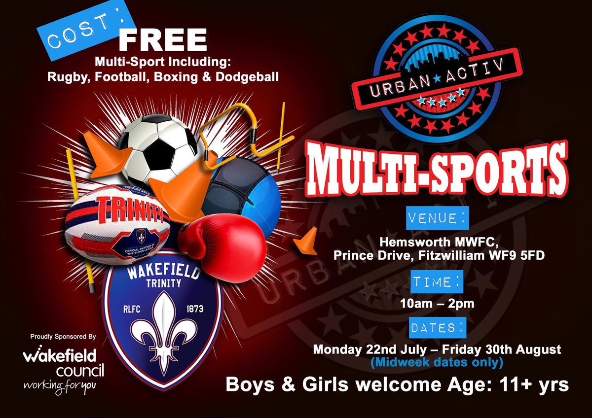 WTComFoundation's tweet image. 🥊| URBAN ACTIV STARTS TODAY 

⏰ 10AM - 2PM
📍 Location 1: WF4 1NX
📍 Location 2: WF9 5FD
💷 FREE - Turn up and play
🥊 Boxing
⚽️ Football
🏉 Rugby
🔴 Dodgeball

#UrbanActiv #Wakefield