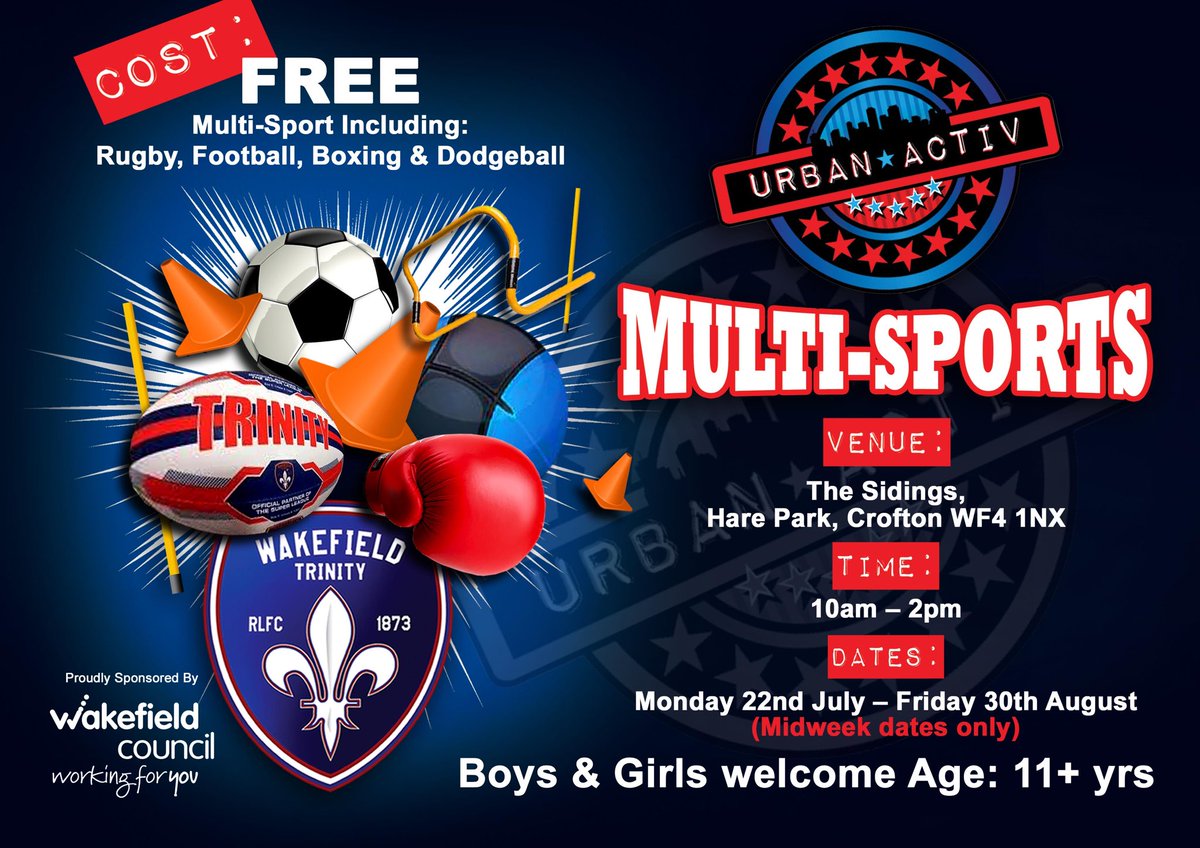 WTComFoundation's tweet image. 🥊| URBAN ACTIV STARTS TODAY 

⏰ 10AM - 2PM
📍 Location 1: WF4 1NX
📍 Location 2: WF9 5FD
💷 FREE - Turn up and play
🥊 Boxing
⚽️ Football
🏉 Rugby
🔴 Dodgeball

#UrbanActiv #Wakefield