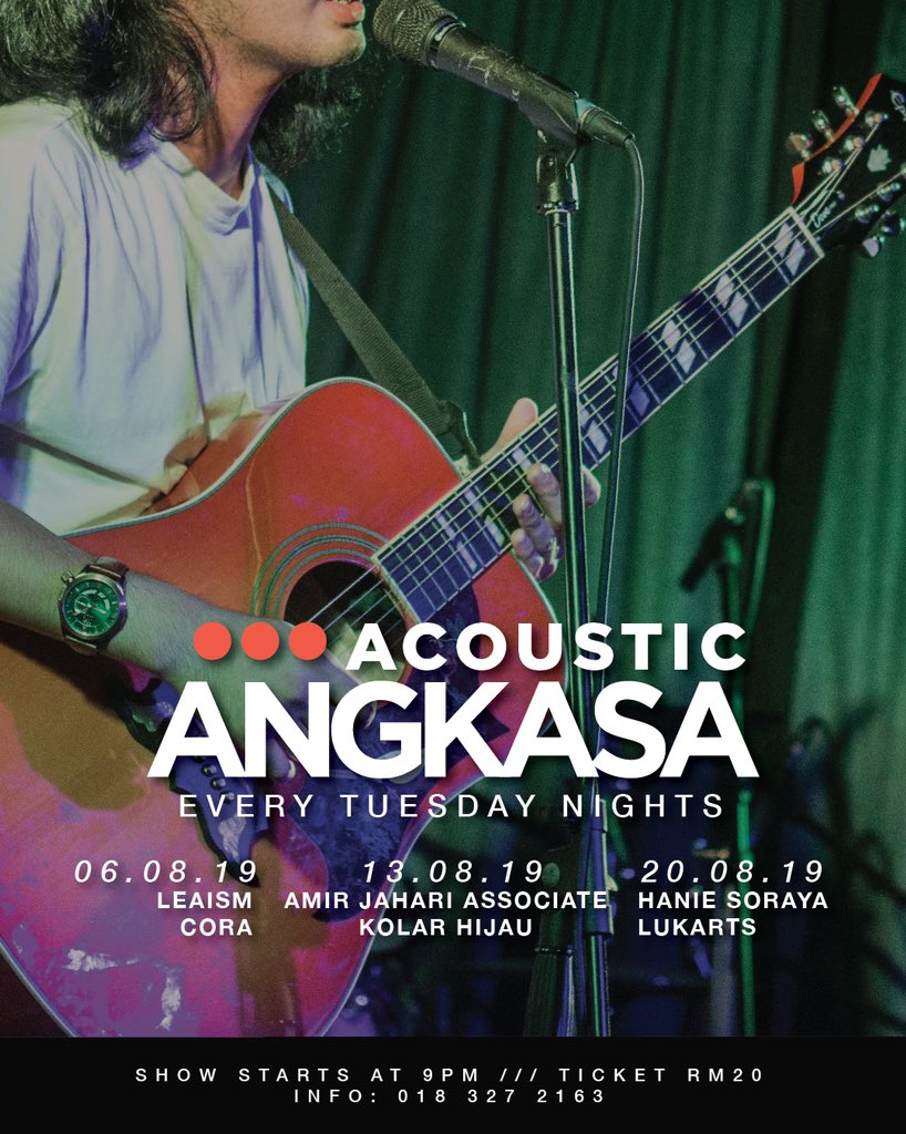 Acara seterusnya yang dikelolakan oleh <a href="/HashtagMY/">Hashtag Media Sdn Bhd</a> &amp; <a href="/kamarseni/">KSSLS</a> di <a href="/AngkasaSpace/">ANGKA///SA EVENT SPACE</a>; #AngkasaAcoustic.

0608
<a href="/leaism/">Moonchild</a> &amp; <a href="/coraband/">CORA</a>
Opening by Rainbows In Attic

1308
@AmirJahari &amp; <a href="/kolarhijau/">Kolar Hijau</a>
Opening by We Are Rangers

2008
@hanieskinny &amp; <a href="/lukartsmusik/">LUKARTS</a>
Opening slot still available!
