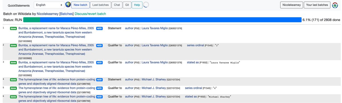 nicolekearney's tweet image. With extreme trepidation I&apos;ve just pressed RUN on my first ever @Wikidata #QuickStatements batch (2808 statements to convert the authors describing Australia&apos;s biodiversity from strings into things) in order to link taxonomists to their works. #LinkEverything cc @australtaxonomy