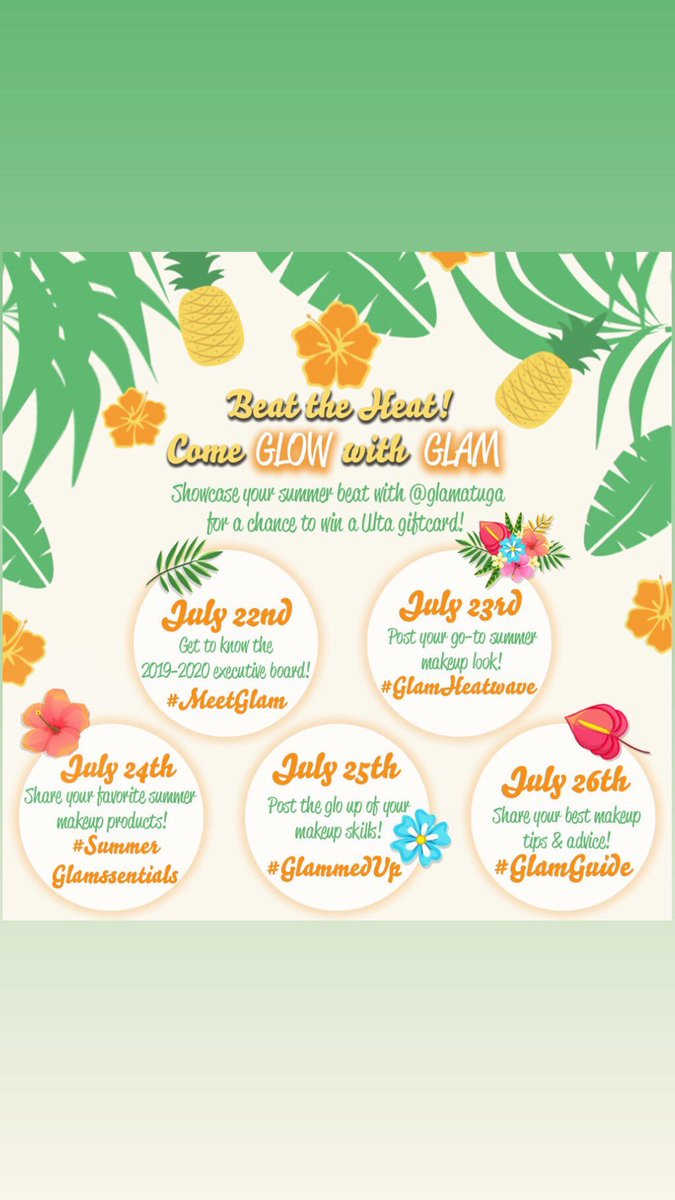 GLAMatUGA's tweet photo. it’s about that timeee🤪 ☀️
Starting tomorrow, come BEAT THE HEAT with our #GLOWwithGLAM week!!! 🔥Participate everyday on our twitter and Instagram for a chance to win an ULTA GIFTCARD🤑
Can’t wait to see those looks💋🔥 https://t.co/Ufq9fXLlMO