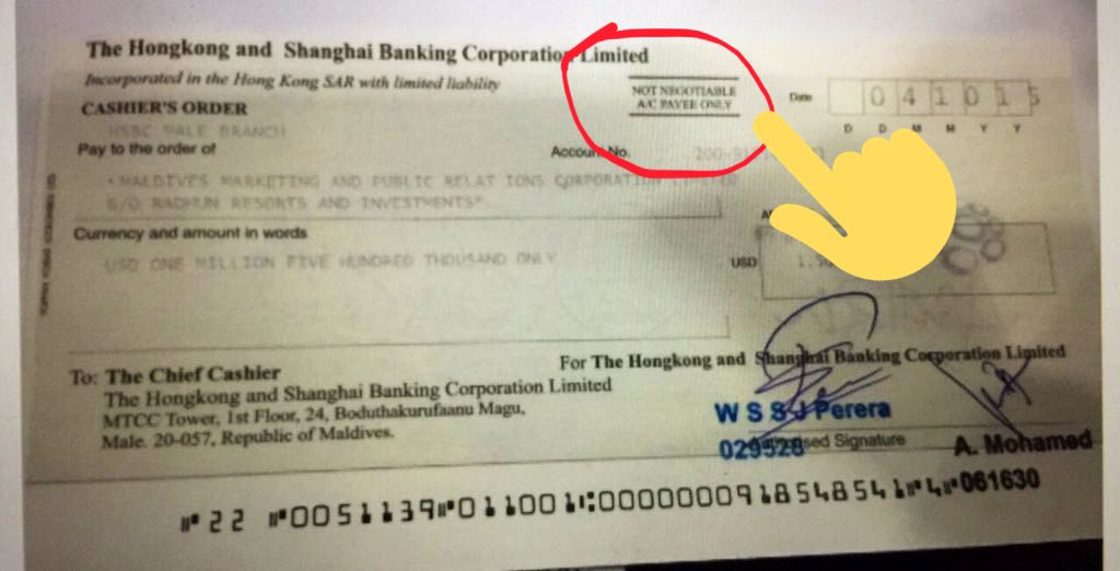 BmlExpose's tweet photo. @bankofmaldives why "not negotiable" written cheques were deposited to SoF account? Who didn't follow procedures? Suspend or terminate those staff. Prosecute those who lied. @SmileShihab @marikkonaseem @thayyib @FinanceGovMv @MaldivesMma @ACC_Maldives #BMLSaafukurey https://t.co/keiGm7dEUL