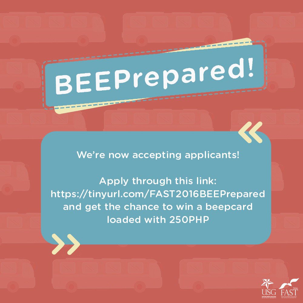 DLSUFAST2016's tweet image. Guess what, FAST2016!

BEEPrepared! applications are open once again!

Get a chance to win a BEEP Card loaded with Php250 for your next OJT Trip!

Sign up here: tinyurl.com/FAST2016BEEPre…

#BEEPrepared