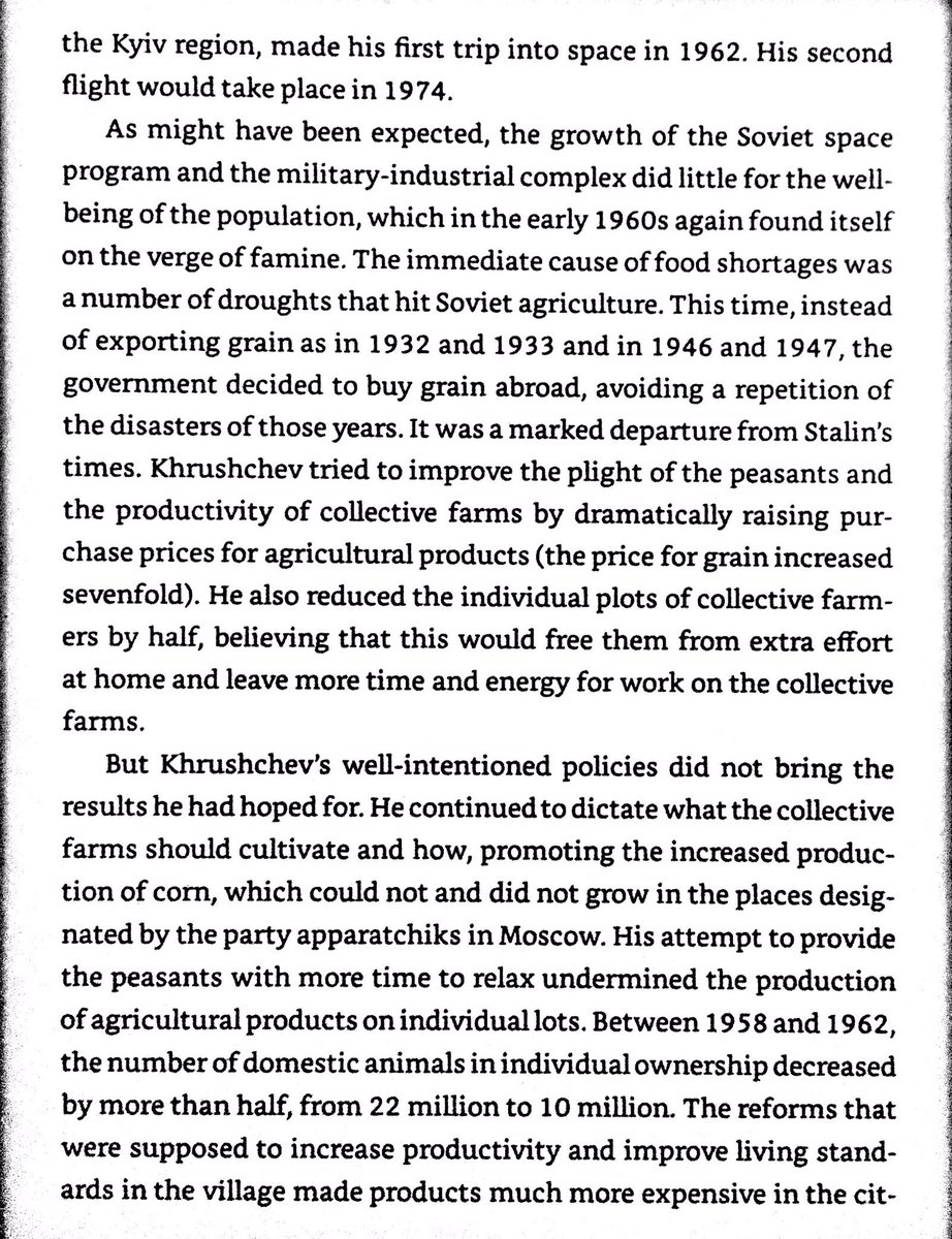 Hrushyov and Brezhnev’s agriculture policies improved peasant life by increasing prices, but didn’t improve production. City dwellers suffered, but didn’t starve from the higher prices.