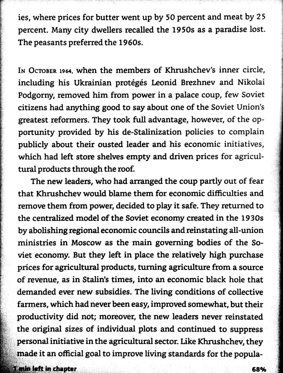 Hrushyov and Brezhnev’s agriculture policies improved peasant life by increasing prices, but didn’t improve production. City dwellers suffered, but didn’t starve from the higher prices.