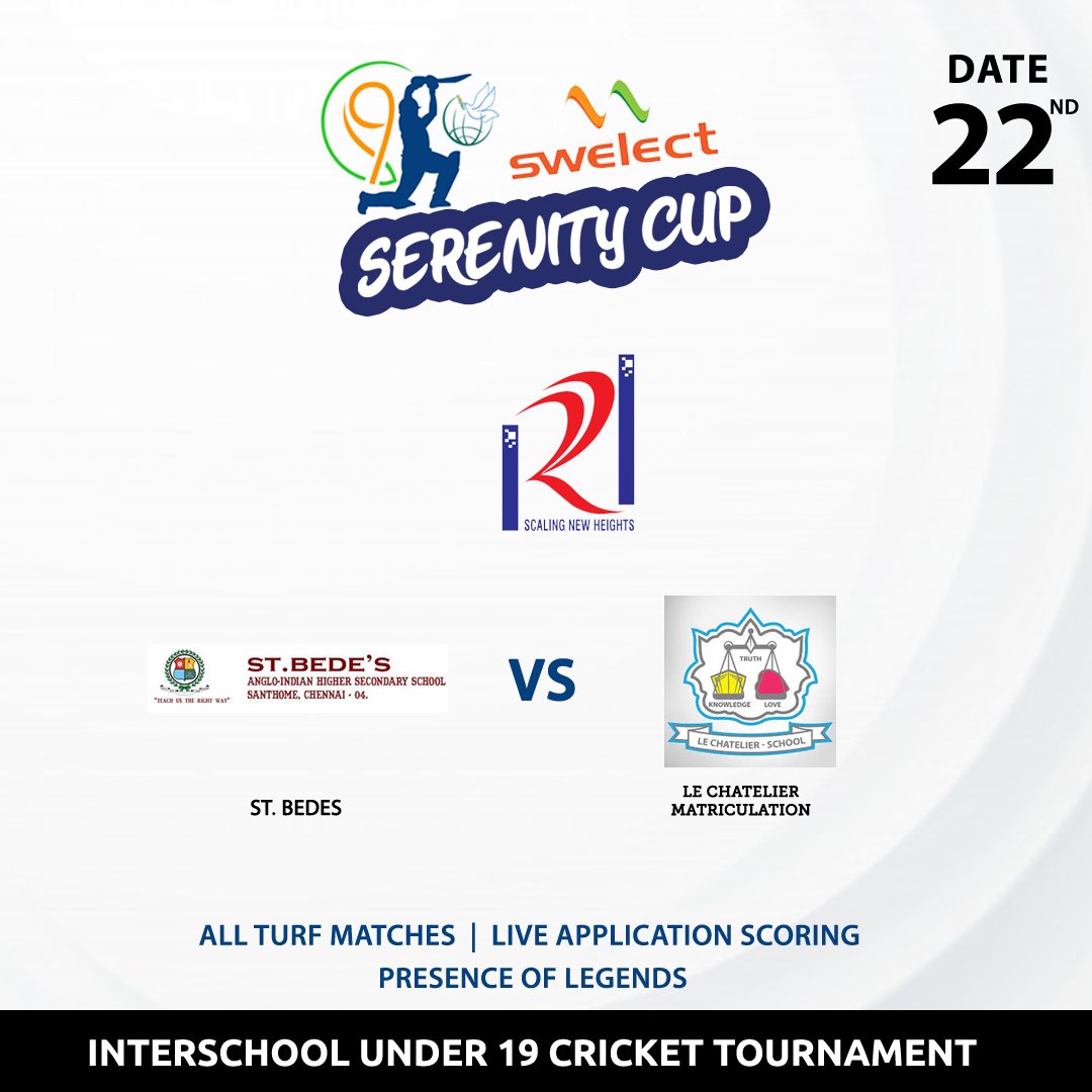 CupSerentiy's tweet photo. Day 4 battle 
Match 1 : Nellai Nadar Vs Jayendra Saraswathi at Amir Mahal 
Match 2 : St.Bedes Vs Le Chatelier at CPT - IP 
Match 3 : Lady Andal Vs Government HSS Ashok Nagar at Sumangali - Santoshpuram 
Match 4 : St.Patricks  Vs Chettinad Vidyasram at VB Nest https://t.co/mUZ8wwsgci