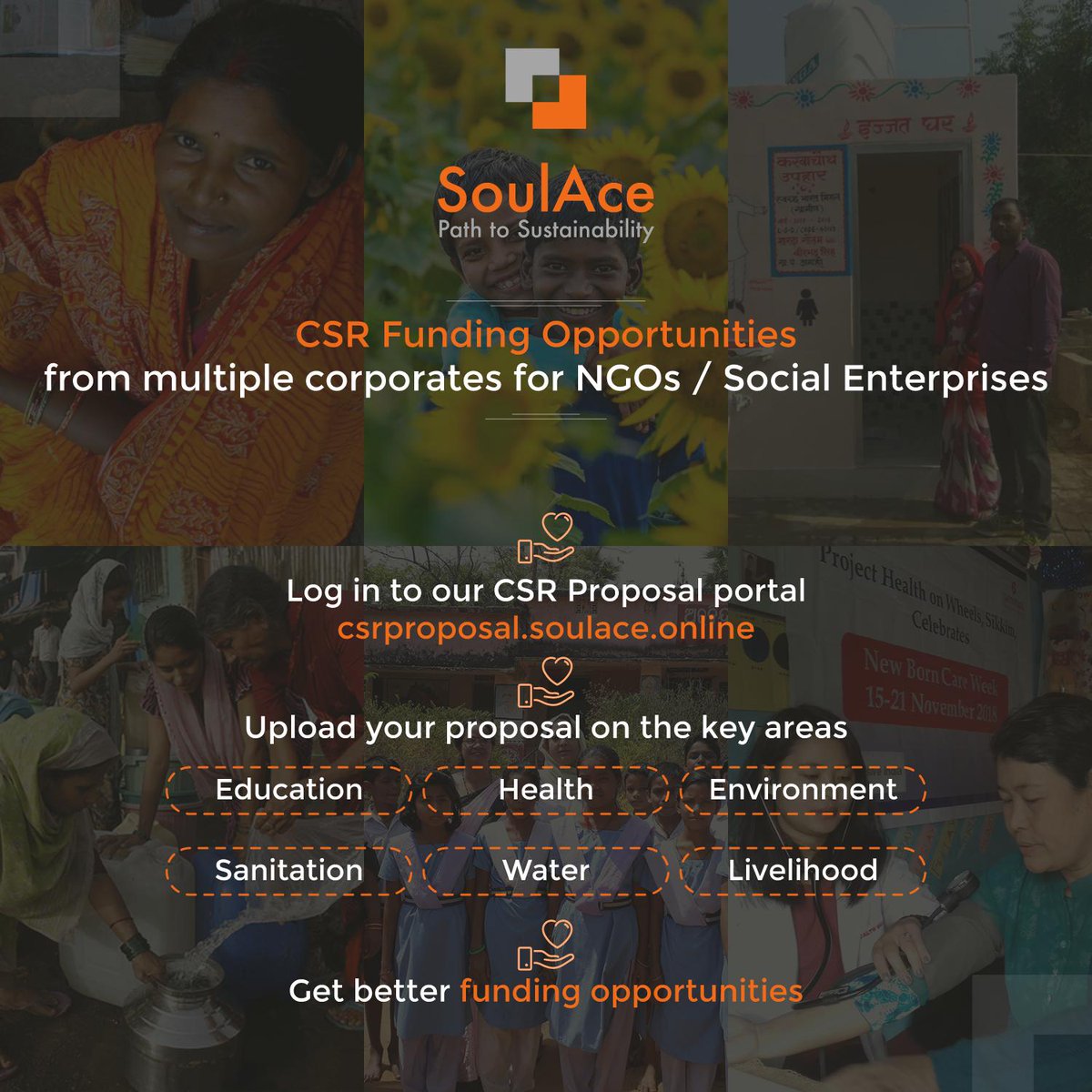 SoulAce_CSR's tweet photo. #SoulAce invites free registration from Implementing Agencies/#NGOs to get better #CSRfunding opportunities in areas of #Education, #Health, #Sanitation, #Water, #Livelihood etc. Please visit this link https://t.co/6ECJGWrRfm &amp; register yourself. https://t.co/DGZ421jLDB
