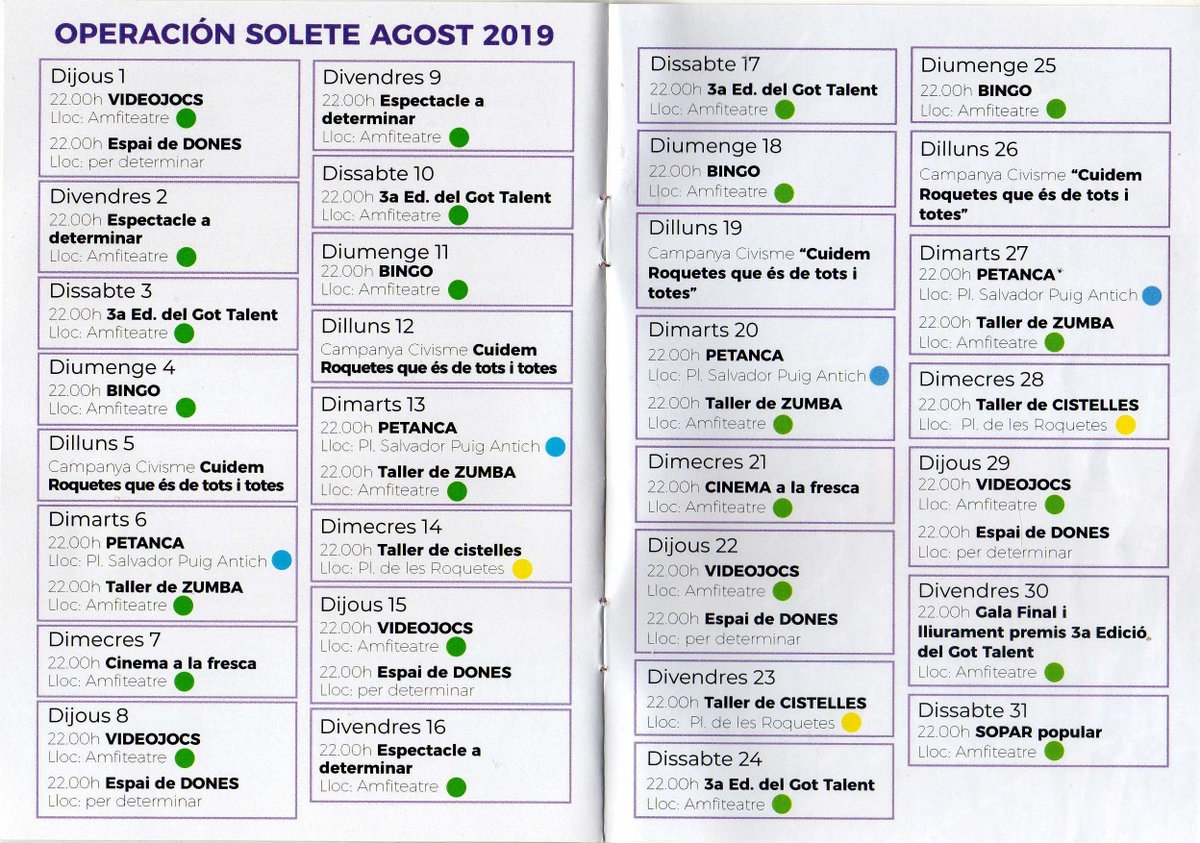 Us deixo totes les activitats que encara podeu gaudir de la #operacionsolete2019; tornarem a mitjans de setembre amb les piles ben carregades ... bon estiu.
<a href="/pcroquetes/">pcroquetes</a> <a href="/ctoniguida/">Ton i Guida</a> <a href="/BiblioRoquetes/">Biblioteca Roquetes</a> #9barrisconviu <a href="/ateneu9b/">AteneuPopular9Barris</a>