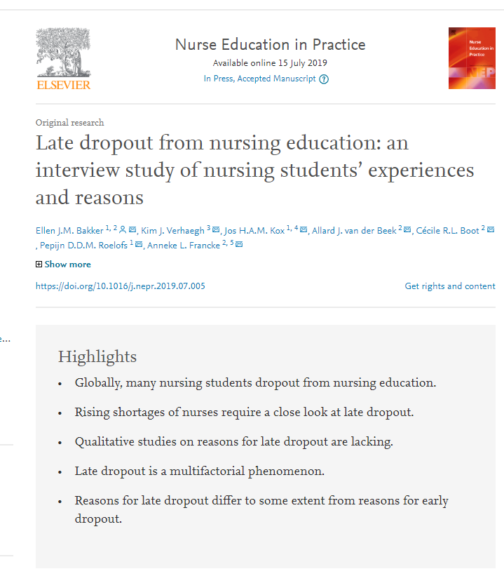 NurseEducToday's tweet photo. The global shortages of nurses require a closer look at why nursing students stop in the later years of their degree programme. The purpose of this study is to explore nursing students’ reasons that lead to this late dropout.  @NurseEdinPrac

https://t.co/EqVeqLqNhp https://t.co/QMFyWv09kJ