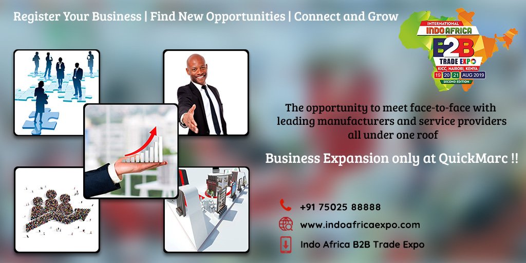 The opportunity to meet face to face with leading manufacturers and service providers all under one roof.
Join with Quickmarck to Book The space in Exhibition.
E-mail: book@indoafricaexpo.com
Website: indoafricaexpo.com
#tradeshows #fairs #expos