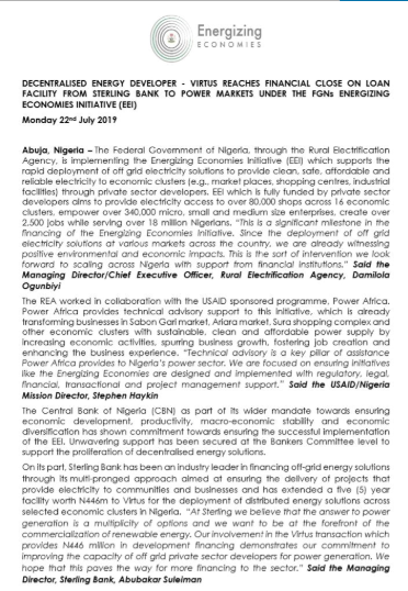 rensourceenergy's tweet photo. PRESS RELEASE: Decentralized Energy Developer - Virtus Reaches Financial Close on Loan Facility From Sterling Bank To Power Markets Under The FGNs Energizing Economies Initiative.
#EEIPoweringMarkets #EnergizingEconomiesInitiative #REA #PoweredbyRensource #renewableenergy https://t.co/qcLLfFTbOm