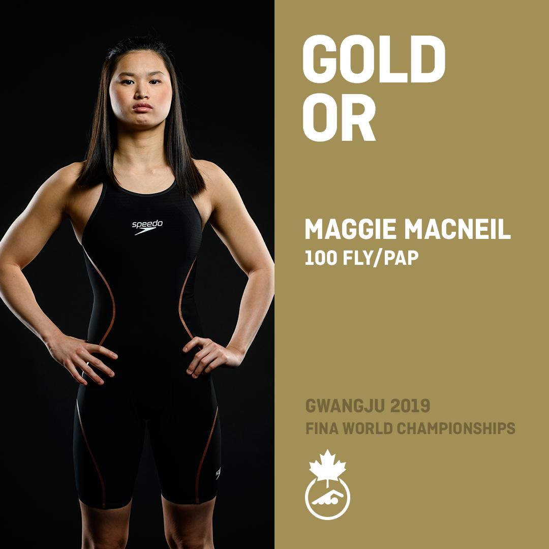 🚨RECORD &amp; MEDAL ALERT! 🇨🇦WORLD CHAMPION MAGGIE MACNEIL!🇨🇦 
MacNeil wins 🥇gold in the 100m fly with a time 55.83! 
A Canadian and Americas record of her first world championships!
#FINAGwangju2019